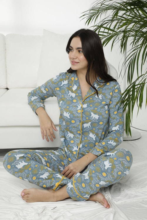 Kadın Pamuklu Likralı Düğmeli Biyeli Pijama Takım