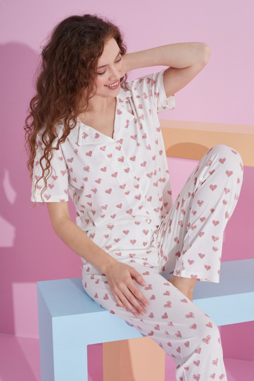 Likralı Düğmeli Örme Pijama Takım