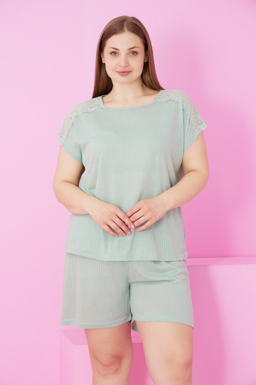 Soft Touch İnce Mevsimlik Battal Büyük Beden Dantel Detaylı Örme Şort Takım7868