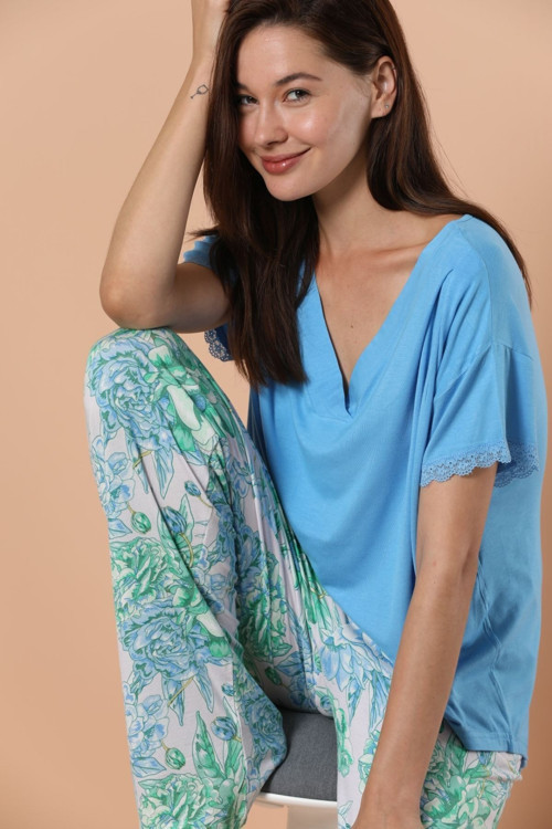 Kısa Kollu Dantel Detaylı Viskon Pijama Takım