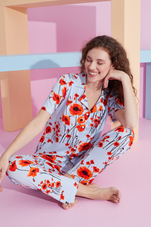 Likralı Düğmeli Örme Pijama Takım