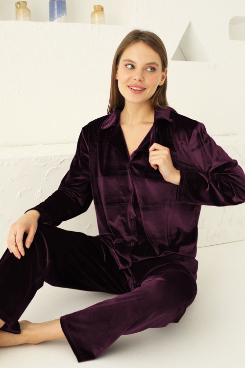 Düğmeli Kadife Pijama Takım