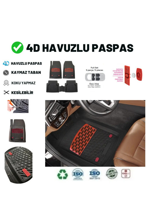 Kia Cerato Sedan 2017 Uyumlu 4 Cm Derin Havuzlu 5 Parça Set 3D Paspas Takımı Kırmızı