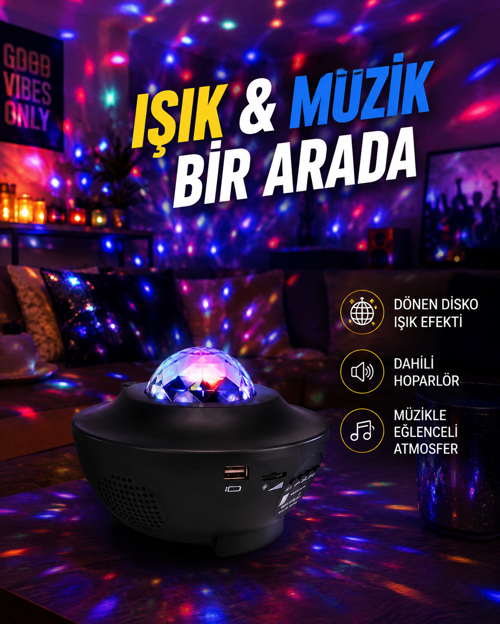 Sesle Etkileşimli Yıldız Projektörlü Gece Lambası – Bluetooth Hoparlörlü, USB Girişli, D�