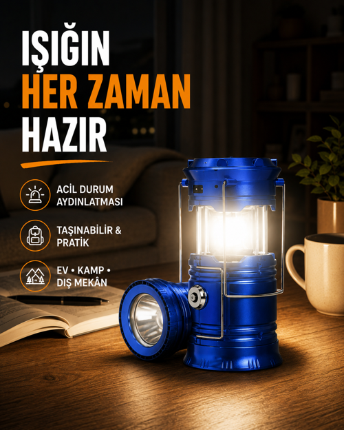 Güneş Enerjili Katlanabilir Kızaklı Kamp Feneri – USB Şarjlı, Çok Yönlü ve Dayanıklı Ta