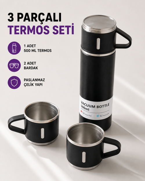 500 ml Vakumlu Termos – Çift Kat Paslanmaz Çelik, Sızdırmaz Kapağıyla Sıcak ve Soğuk İçe