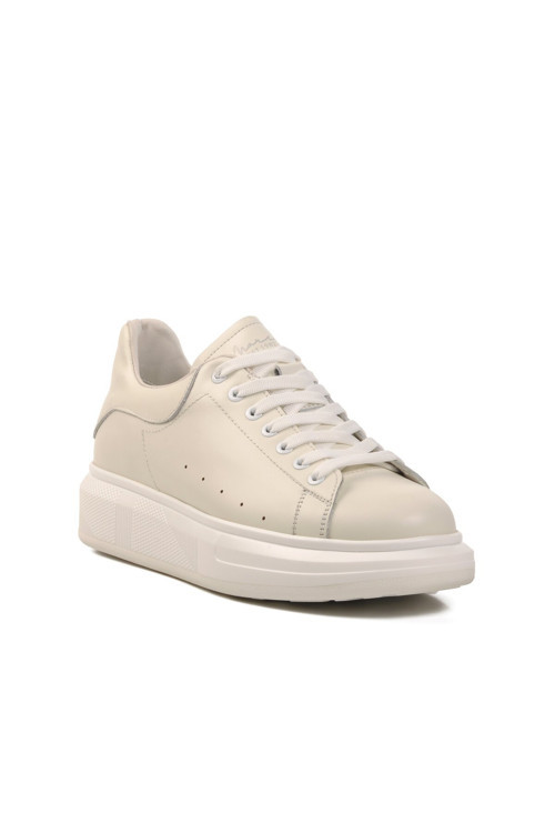 Beyaz Hakiki Deri Bağcıklı Kalın Tabanlı Erkek Casual Ayakkabı Sneaker 152-21028 M