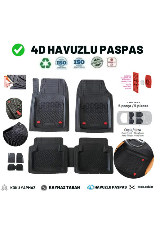 Citroen Berlingo 2018 Uyumlu 4 Cm Derin Havuzlu 5 Parça Set 3D Paspas Takımı Siyah