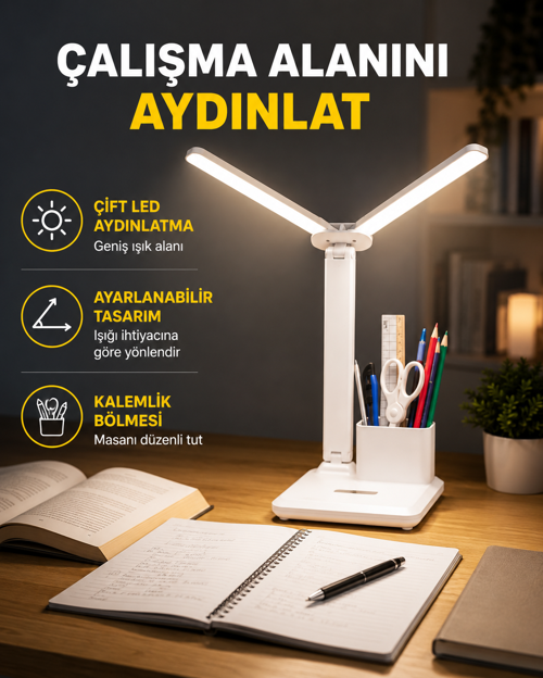 popüler Kısılabilir LED Masa Lambası – Kalemlik ve Telefon Standlı, Göz Yormayan Işık Yeni