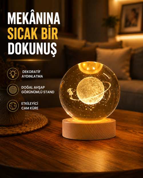 popüler Kız Figürlü Sarı Cam Küre Işıklı Büyük Boy Ahşap Standlı Dekor 2026