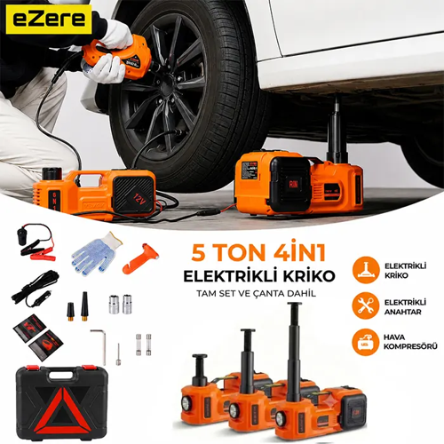 PowerLift Pro 5 Ton Çok Fonksiyonlu Elektrikli Kriko, Bijon Anahtarı ve Hava Kompresörü Seti - Yol Yardım Çantası