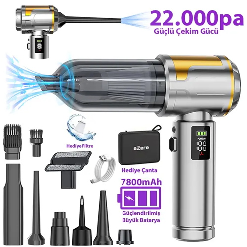 EZERE Nanovac 22000Pa Güçlü Portatif Vakumlu Kablosuz Üflemeli Mini Araç Süpürgesi - 5775