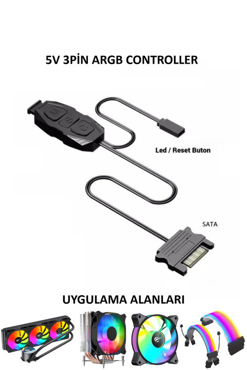 Argb Kontrolcü Kumanda 5V 3Pin Sata Dönüştürücü Argb Denetleyici Kablo + Reset Bağlantılı