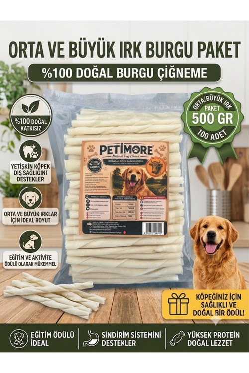 100’Lü Burgu Çubuk Beyaz Sütlü 500Gr %100 Sığır Derisi Köpek Kemiği Ve Ödülü