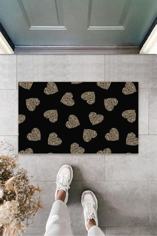 Siyah Kapı Önü Paspası Leopar Kalp Desen K-3246