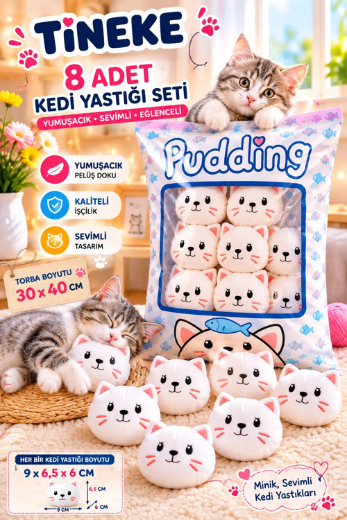 8’li Peluş Kedi Yastığı Seti – Minik Yumuşak Kedi Oyuncağı ve Uyku Arkadaşı BEYAZ