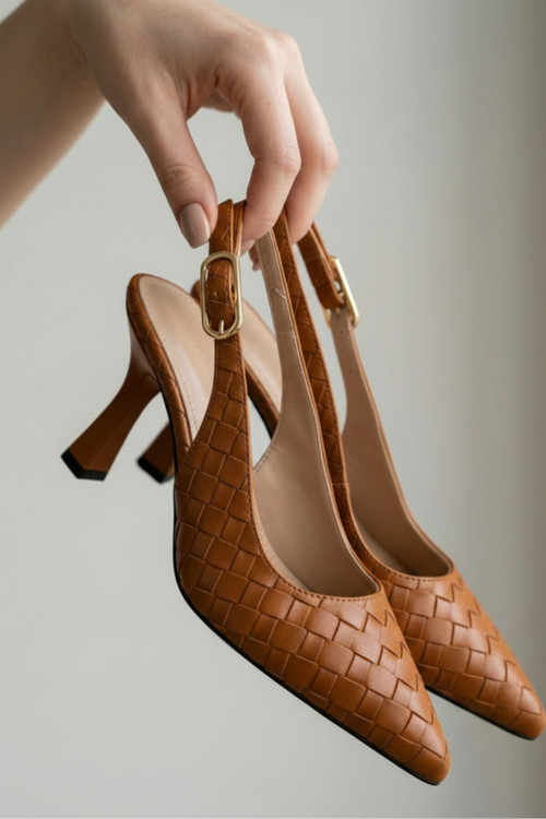 Perla Taba Örgü Sivri Burun Tokalı Slingback Topuklu Kadın Ayakkabısı