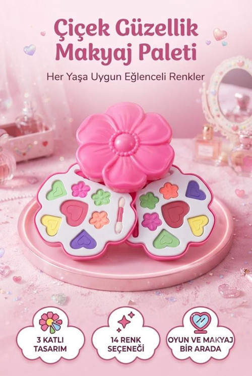Pembe Çiçek Tasarımlı 2 Katlı Çocuk Makyaj Seti Pembe Sevimli Kutu Tasarımlı Makyaj Seti