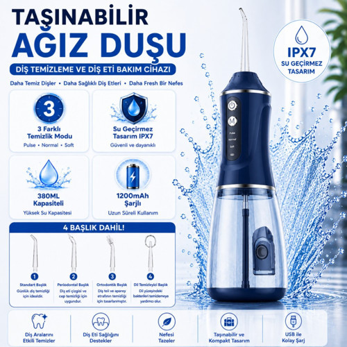 Taşınabilir Şarjlı Ağız Duşu 380 ML – Diş ve Diş Eti Bakım Cihazı ,1200 mAh, IPX7 Su Geçirmez, 3 Temizlik Modlu, 4 Başlıklı Mavi