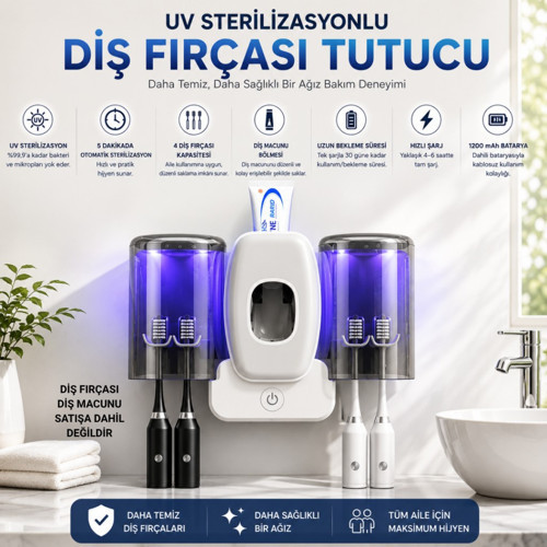 UV Sterilizasyonlu Diş Fırçası Tutucu – 4 Fırça Kapasiteli, Otomatik UV Hijyen, 1200 mAh Şarjlı Beyaz