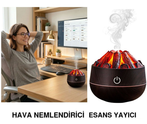 ŞÖMİNE TASARIMLI USB LI LED AYDINLATMALI HAVA NEMLENDİRİCİ,AROMATERAPİK HAVA DİFÜZÖRÜ,BUHURDANLIK,,SİS SPREYLİ GECE LAMBASI, 300 ml 10x10X10,3cm KOYU KAHVERENGİ