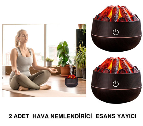 2 ADET ŞÖMİNE TASARIMLI USB LI LED AYDINLATMALI HAVA NEMLENDİRİCİ,AROMATERAPİK HAVA DİFÜZÖRÜ,BUHURDANLIK,,SİS SPREYLİ GECE LAMBASI, 300 ml 10x10X10,3cm KOYU KAHVERENGİ
