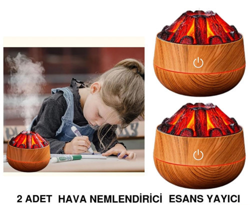 2 ADET ŞÖMİNE TASARIMLI USB LI LED AYDINLATMALI HAVA NEMLENDİRİCİ,AROMATERAPİK HAVA DİFÜZÖRÜ,BUHURDANLIK,,SİS SPREYLİ GECE LAMBASI, 300 ml 10x10X10,3cm AÇIK KAHVERENGİ