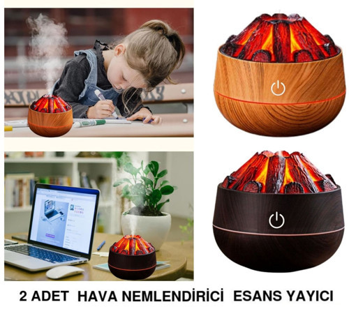 2 ADET ŞÖMİNE TASARIMLI USB LI LED AYDINLATMALI HAVA NEMLENDİRİCİ,AROMATERAPİK HAVA DİFÜZÖRÜ,BUHURDANLIK,,SİS SPREYLİ GECE LAMBASI, 300 ml 10x10X10,3cm KAHVERENGİ