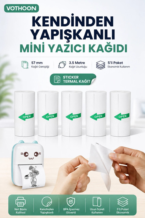 Kendinden Yapışkanlı Çocuk Kamera Baskı Kağıdı, 5'li Rulo 57X25MM Baskı Termal Kağıt Rulo