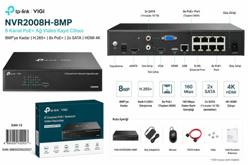 VIGI NVR2008H-8MP 8 Kanal 8MP PoE+ NVR 4K HDMI 8x PoE+ 90W 2x SATA 32TB H.265+Kayıt Cihazı