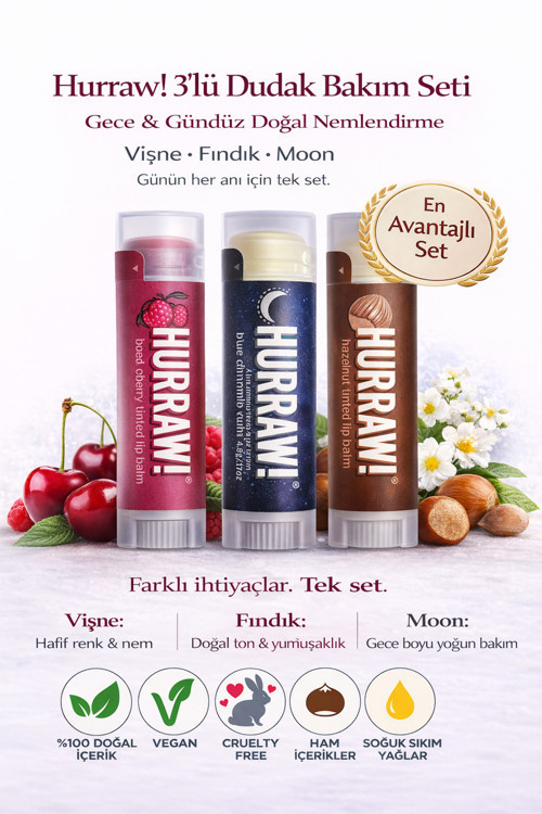 3’Lü Dudak Bakım Seti – Vişne + Fındık + Moon Lip Balm | Gece & Gündüz Doğal Nemlendirme