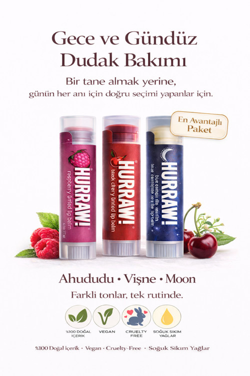 Lip Balm 3’Lü Set – Ahududu, Vişne Ve Moon | Gece & Gündüz Dudak Bakımı