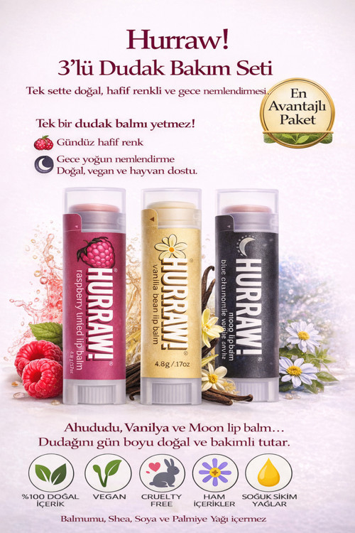 ! 3’Lü Dudak Balm Seti Ahududu Vanilya Moon Doğal & Vegan