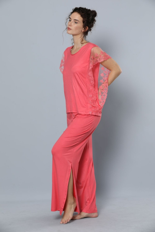 Kısa Kollu Dantel Detaylı Viskon Pijama Takım