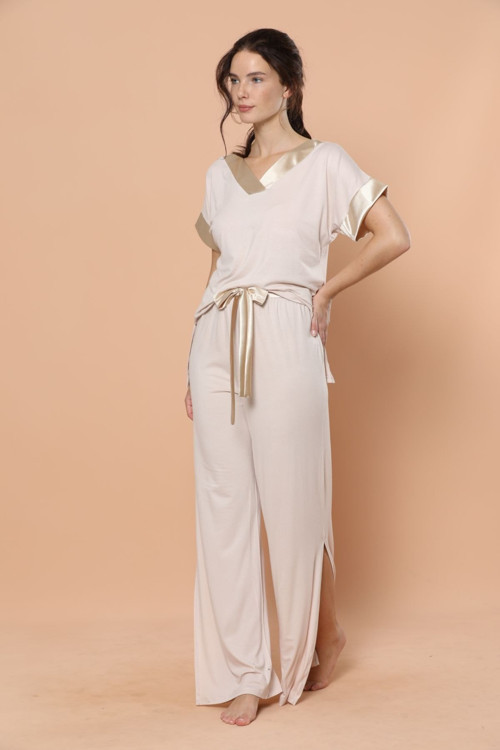 Kısa Kollu Saten Detaylı Viskon Pijama Takım