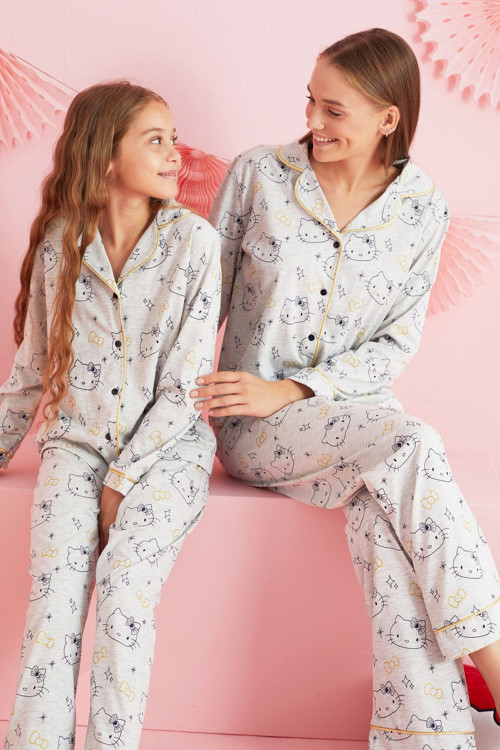 Lisanslı %100 Pamuk Çok Renkli Düğmeli Biyeli Pijama Takım HK259