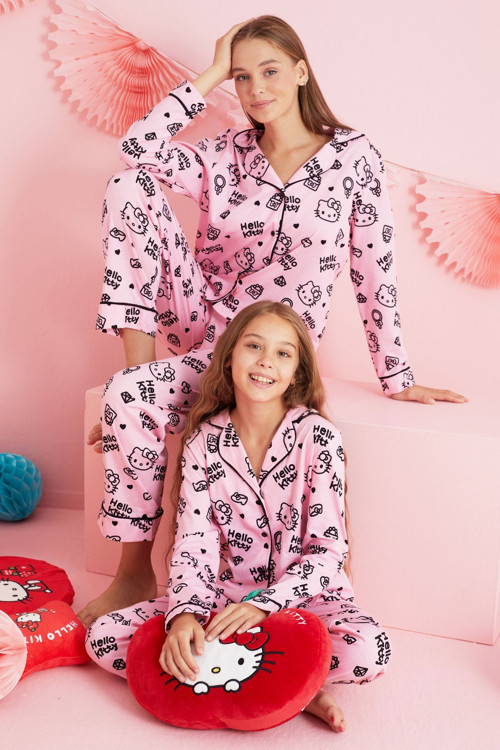 Lisanslı %100 Pamuk Çok Renkli Düğmeli Biyeli Pijama Takım HK252