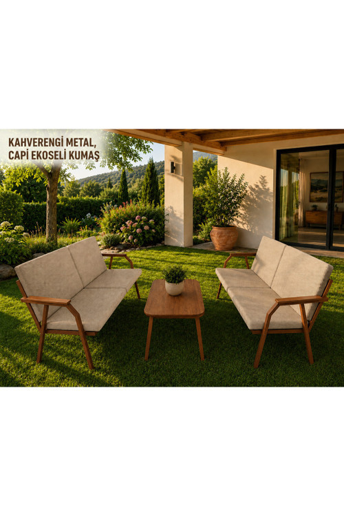 Viento 2-2 Bahçe Balkon Mobilyası,Sehpalı,Capi İskelet, Kumaş Rengi 04 Cappucino Ekoseli
