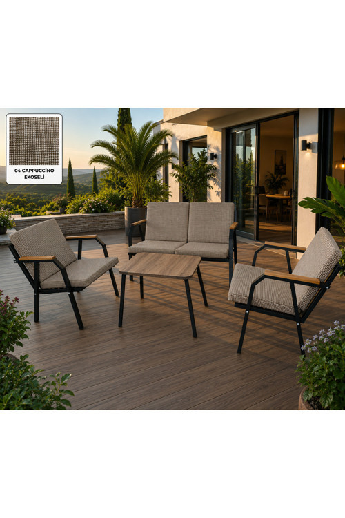 Duru 2-1-1 Bahçe Balkon Mobilyası,Sehpalı,Siyah İskelet,Kumaş Rengi 03 Cappuccino
