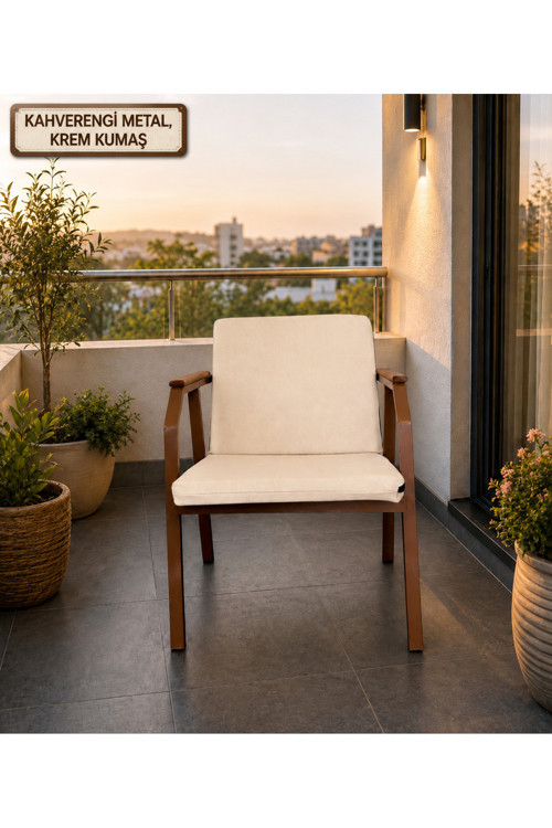 Duru Tekli Bahçe Balkon Mobilyası,Kahve İskelet,Kumaş Rengi 05 Krem