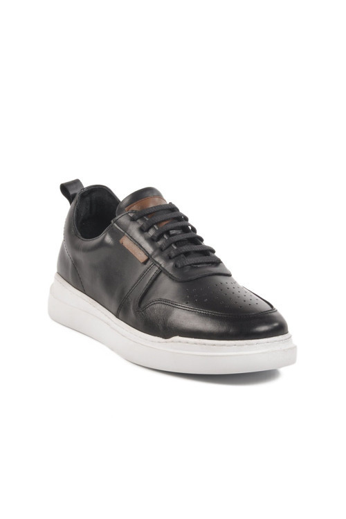 Siyah-Beyaz Hakiki Deri Delikli Nefes Alan Bağcıklı Erkek Sneaker Casual Ayakkabı 412