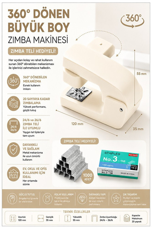 Beyaz Zımba Makinesi 24/6 1 Adet Fixpoint P-4550 Pastel Renkler Büyük Zımba Makinası ve Teli 20 25 Sayfa Dereceli Ofis