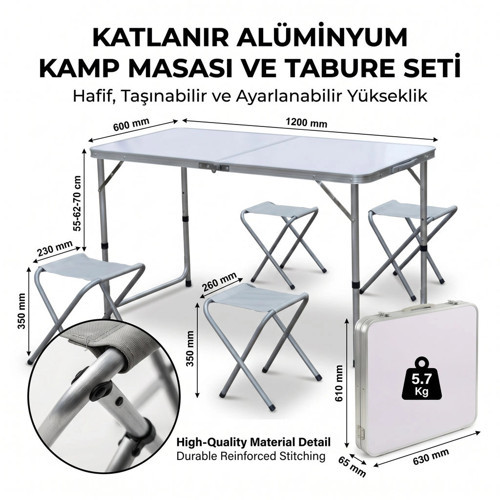 Alüminyum Kamp Masası ve 4 lü Tabure Seti (Katlanır)