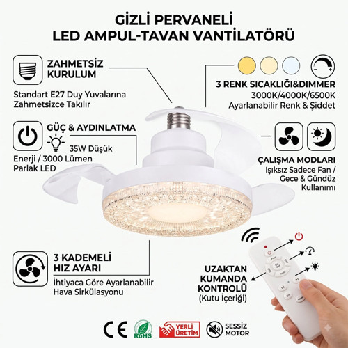 Pervaneli LED Ampul (e27) - 3 Kanat Tavan Vantilatörü (HV501)