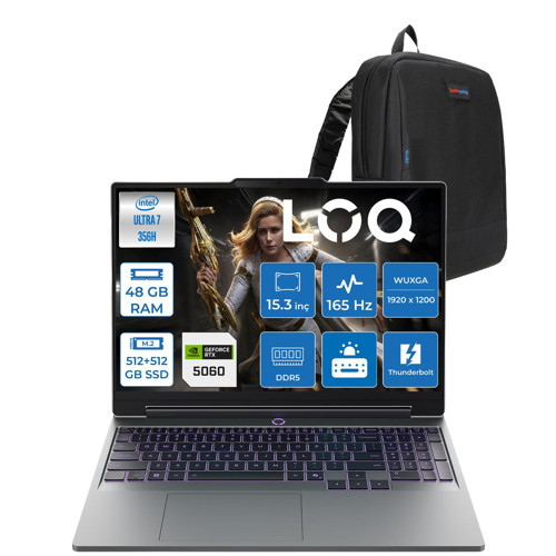 Loq 15IPH11 Intel Core Ultra 7 356H Aı 48GB Ddr5 512GB SSD+512GB SSD 8GB/RTX5060 115W 15.3" Wuxga 165Hz, G-Sync IPS 300NITS 100% Srgb Freedos Gaming Bilgisayar W83SL001PTRF18+ZETTAÇANTA