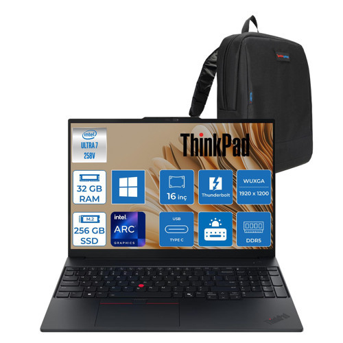 Thinkpad E16 Gen 3 Intel Core Ultra 7 258V Aı 32GB Ddr5 Ddr5 256GB SSD Intel® Arc™ Graphics 140V 16" Wuxga (1920X1200) IPS 300NITS WIN11HOME Taşınabilir Bilgisayar TP22AY0038TXH01+ZETTAÇANTA