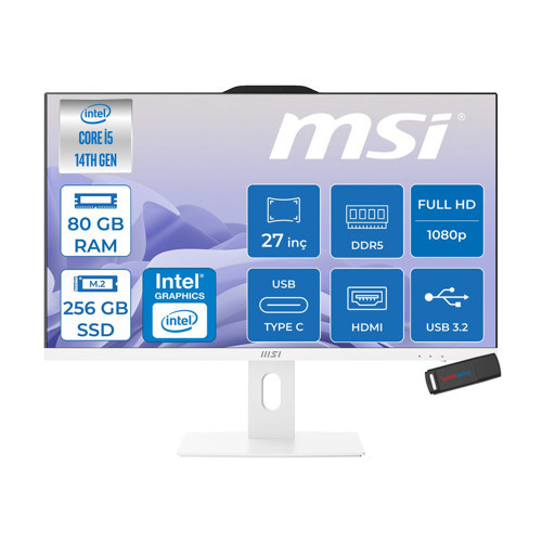 Msı Pro AP272P 14M-868XEU Intel Core I5-14400 Upto 4,7 Ghz 80GB Ddr5 256GB SSD 1920×1080 (Fhd 27″ıps 100HZ 250NITS Beyaz Freedos Allınone Bilgisayar 868XEUF26+ZETTAUSBBELLEK