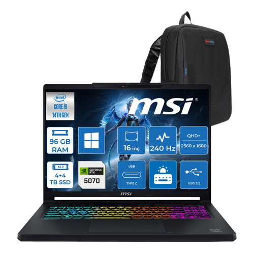 Msı Crosshaır 16 Hx E14WGK-046XTR Intel Core I9-14900HX 96GB Ddr5 4tb SSD +4tb SSD 8GB/RTX5070 115W 16” Qhd+ (2560X1600), 240Hz, Ips-Level WINDOWS11HOME Gaming ZW046XTRH48+ZETTAÇANTA