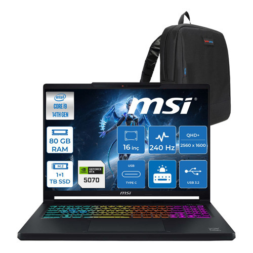 Msı Crosshaır 16 Hx E14WGK-046XTR Intel Core I9-14900HX 80GB Ddr5 1tb+1tb SSD 8GB/RTX5070 115W 16” Qhd+ (2560X1600), 240Hz, Ips-Level Freedos Gaming ZW046XTRF36+ZETTAÇANTA