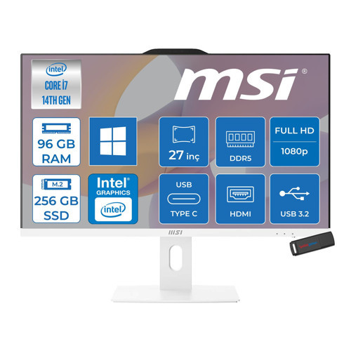 Msı Pro AP272P 14M-866XEU Intel Core I7-14700 Upto 5.4ghz 96GB Ddr5 256GB SSD 1920×1080 (Fhd 27″ıps 100HZ 250 Beyaz WIN11PRO Allınone Bilgisayar 866XEUP31+ZETTAUSBBELLEK